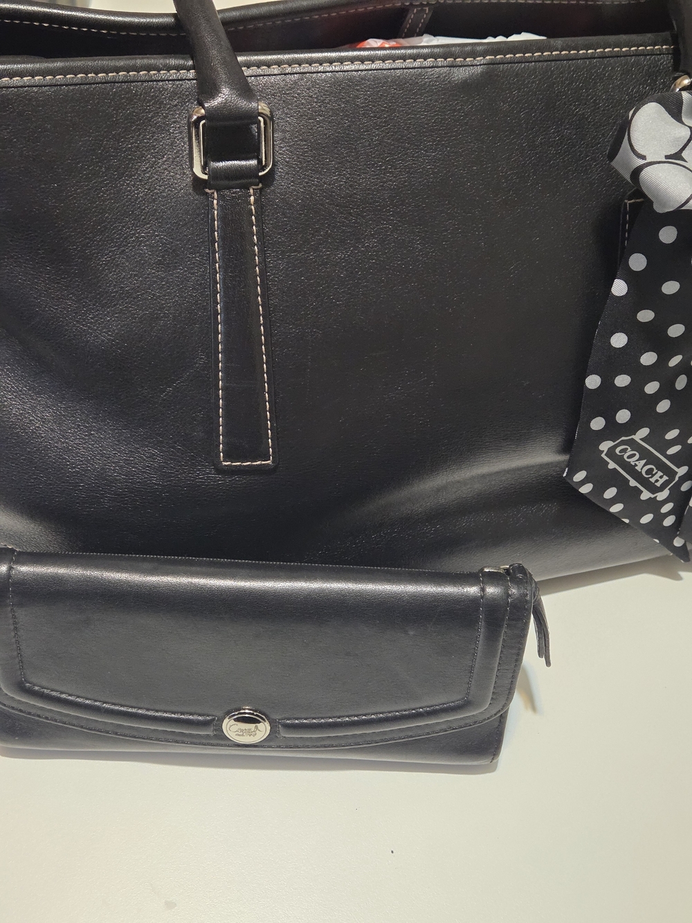 COACH Black Leather Tote with Polka Dot Scarf - Picture 9 of 11